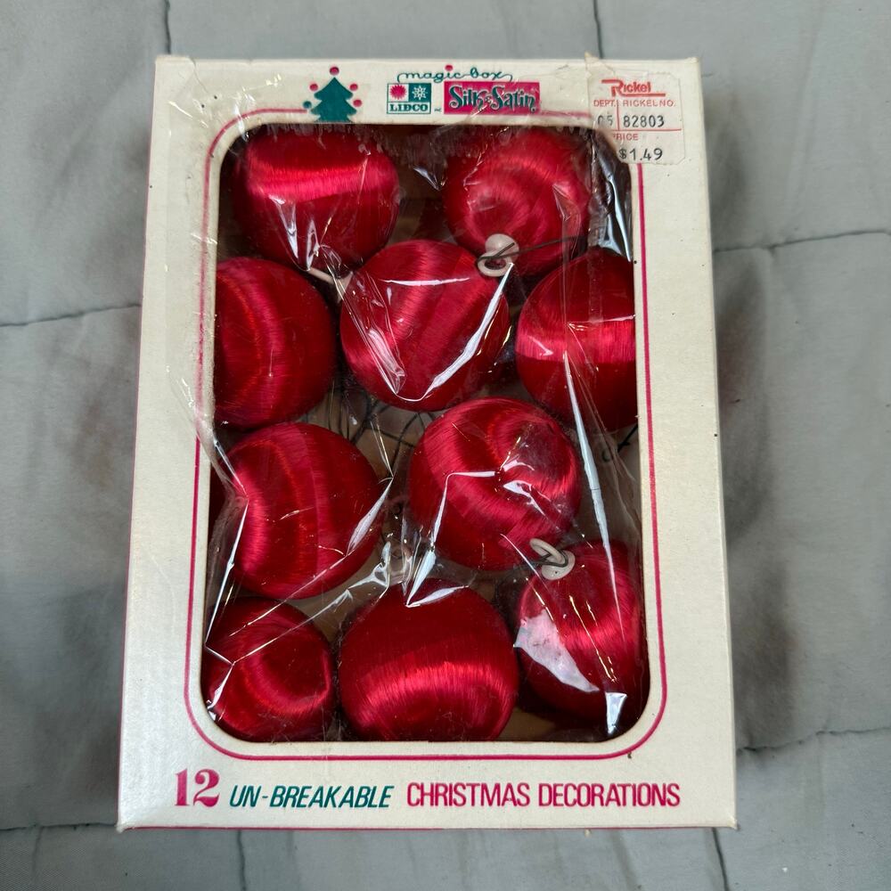 Lot 10 Vintage Red Balls Lidco Silk Satin "Un-Breakable" Christmas Decorations